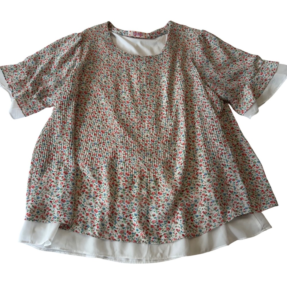 Fairycore Floral Pleated Blouse Ditsy Print Layered Chiffon Cottagecore Large